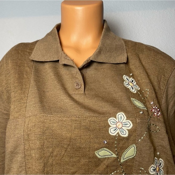 ALFRED Dunner NWOT Embroidered Button Collar Long Sleeve Top Tan Size L (L16) - Picture 2 of 5